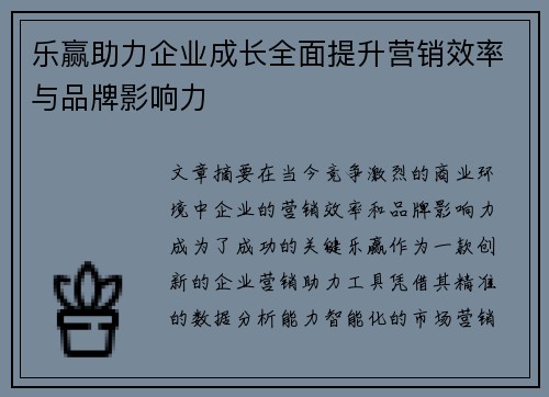 乐赢助力企业成长全面提升营销效率与品牌影响力